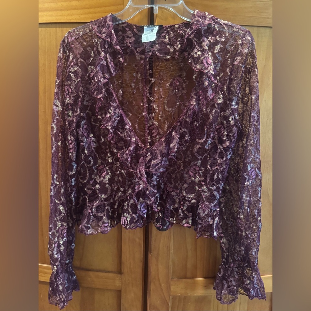Bebe Y2K Women's Floral Sheer Lace Ruffled Blouse w/ Gold, Wine & Deep Pink Hues - Picture 3 of 16